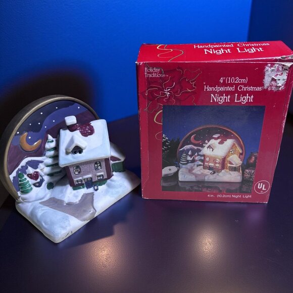 Handpainted Holiday Traditions Christmas Night Light 4 Inch Snowy Village Scene - Picture 3 of 9